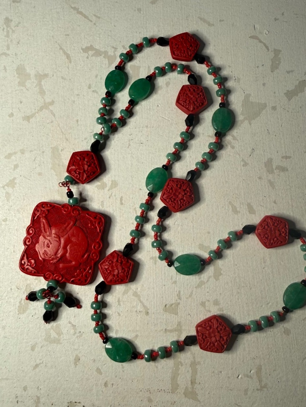 Vintage Chinese Carved Red Lacquer Cinnabar-Style Necklace Rabbit Zodiac